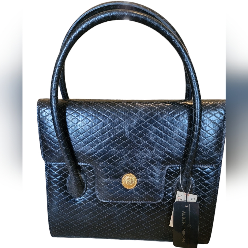 NWT Vintage Albert Nipon Black Patent Leather Quilted Bag